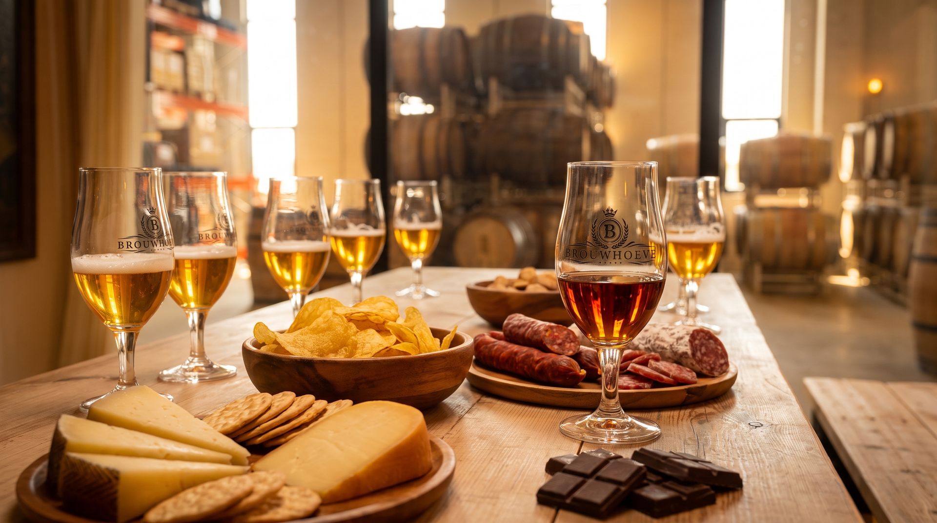 Proefglazen met bier en gedistilleerd geserveerd met hapjes zoals kaas, worst en patat op een houten tafel bij Brouwhoeve.