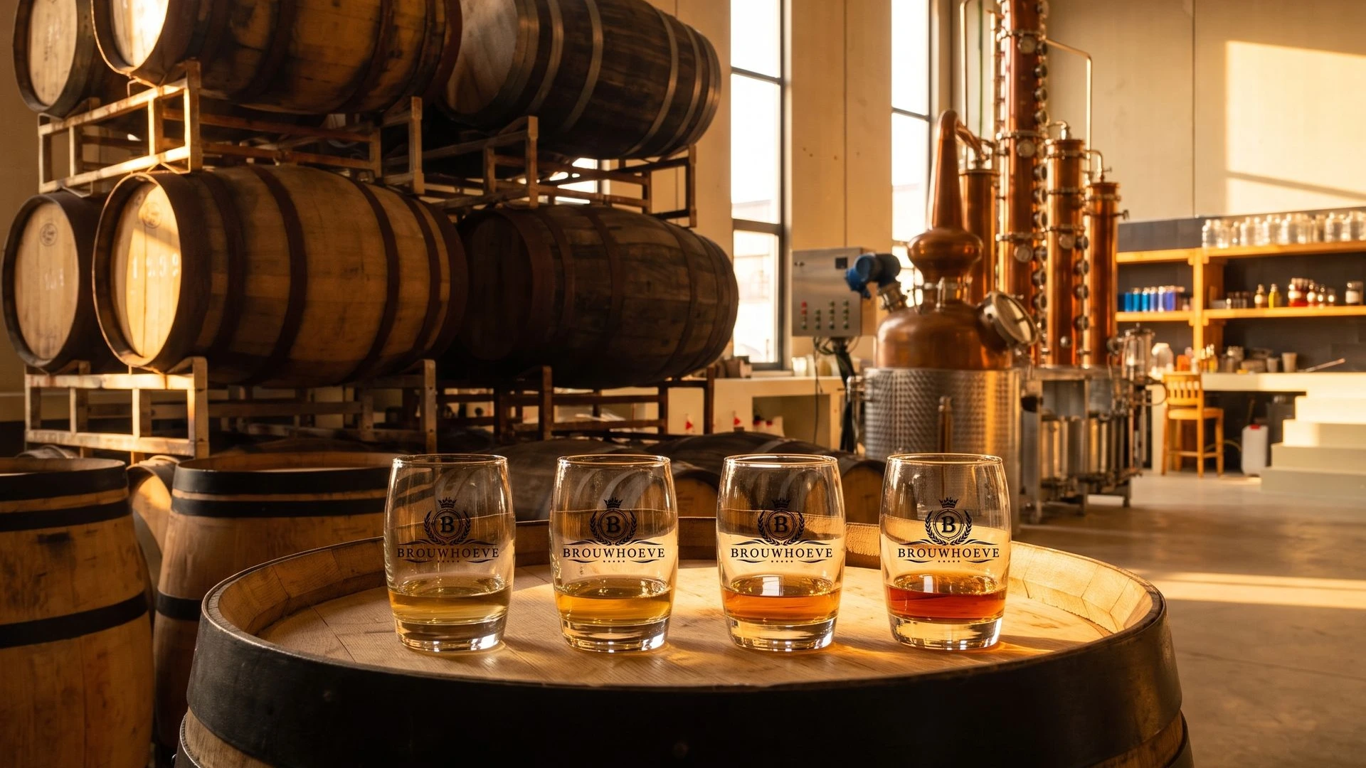 Vier glazen whisky in verschillende rijpingstinten op een eikenhouten vat in de distilleerderij van Brouwhoeve Benissa, klaar voor de whiskyproeverij. Vier proefglazen met whisky op een houten vat voor de distilleerketels bij Brouwhoeve Benissa.