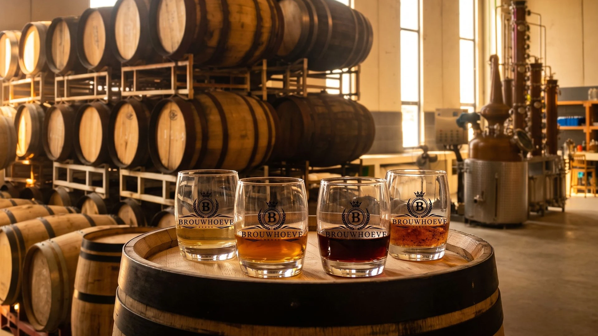 Vier proefglazen met warme, gouden rums gepresenteerd op een eikenhouten vat in de distilleerderij van Brouwhoeve Benissa, klaar voor de rumproeverij. 🇪🇸 Español Ambachtelijke rum in proefglazen geserveerd op een houten vat bij distilleerderij Brouwhoeve Benissa.