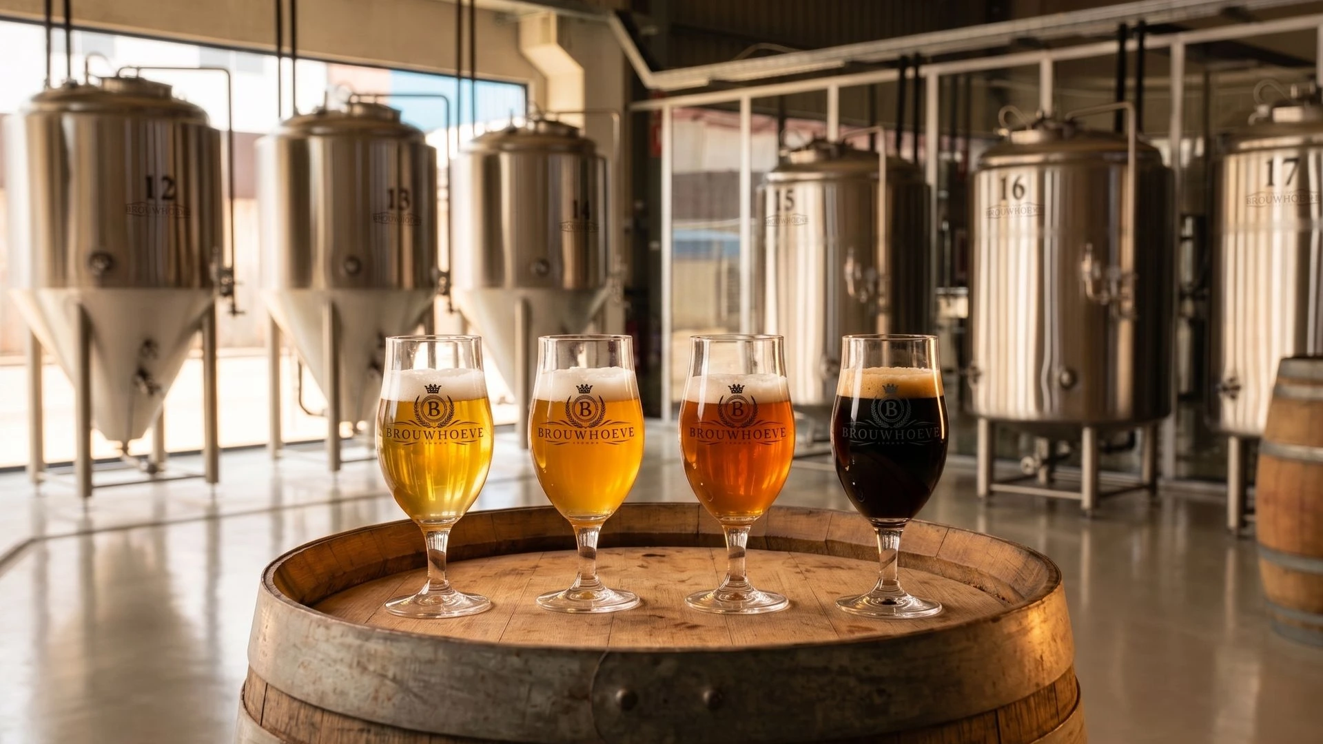 Vier verschillende stijlen ambachtelijk bier in proefglazen gepresenteerd op een eikenhouten vat in de brouwerij van Brouwhoeve Benissa, klaar voor de bierproeverij. Vier glazen speciaalbier op een eikenhouten vat voor de roestvrijstalen brouwtanks van Brouwhoeve Benissa.
