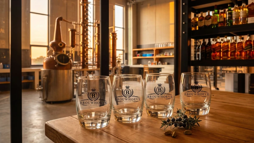 Vier glazen voor gin-proeverij met jeneverbessen en botanicals op een houten tafel voor de distilleerketels bij Brouwhoeve.