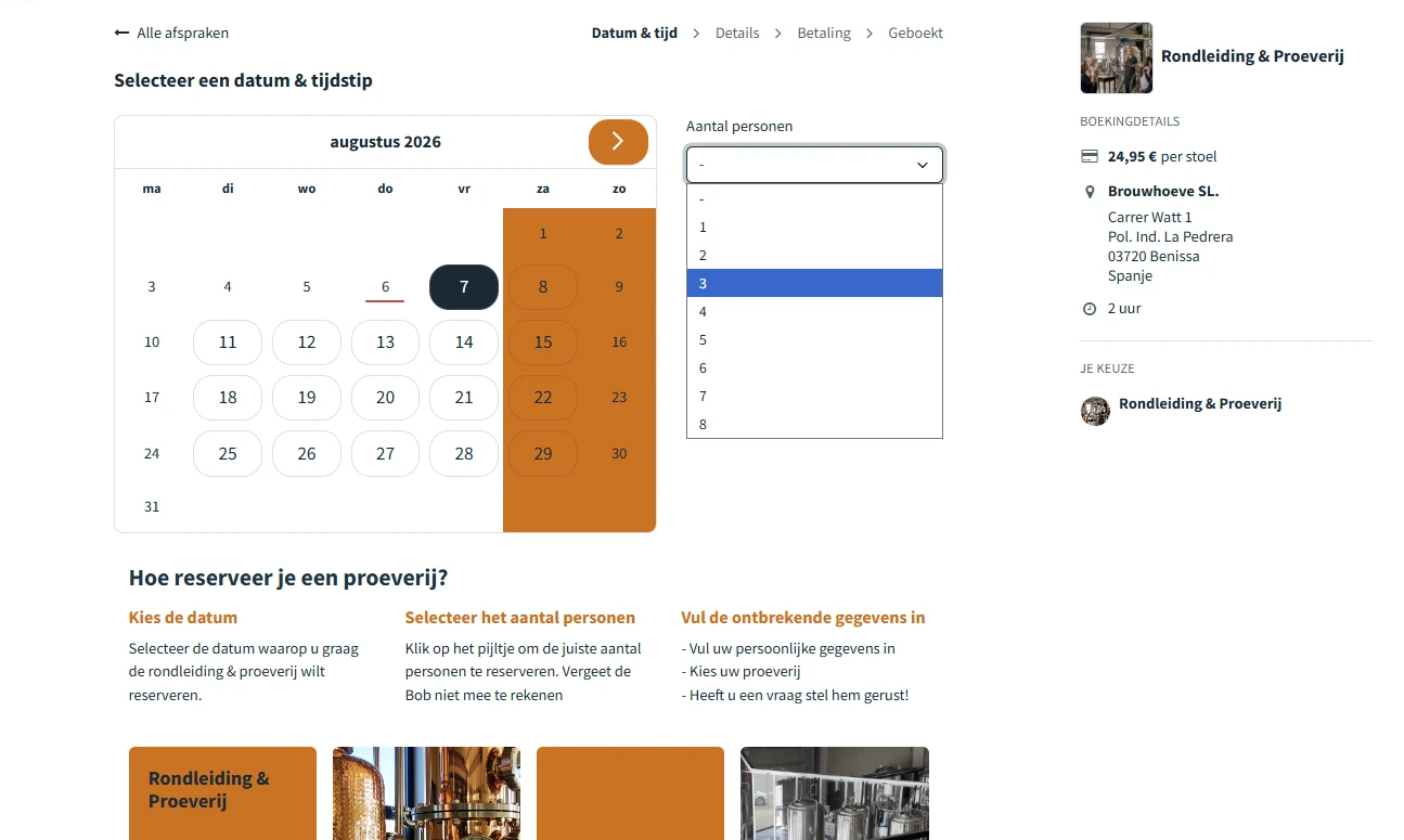 Odoo reserveringsmodule voor het selecteren van datum en aantal personen bij Brouwhoeve Benissa.