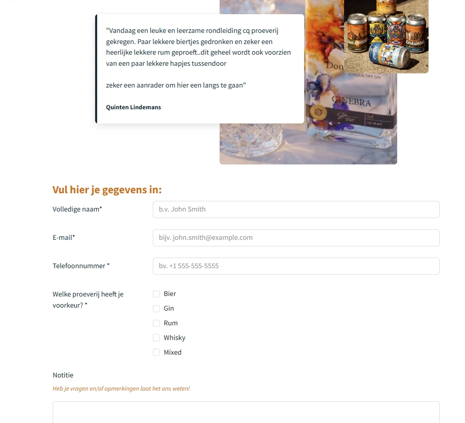 Formulier om klantgegevens in te vullen en de gekozen proeverij (bier, gin, rum, whisky of mixed) te selecteren bij Brouwhoeve.