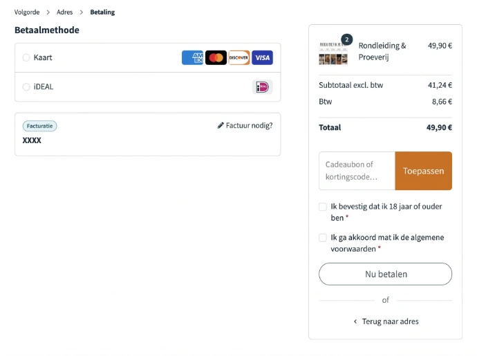 Veilige betaalpagina van Odoo voor de rondleiding en proeverij bij Brouwhoeve Benissa.